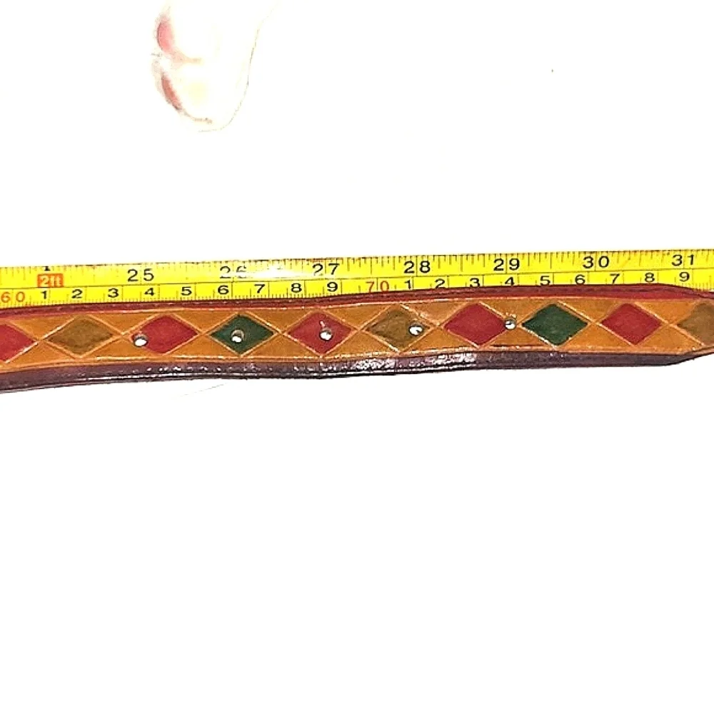 Genuine Leather belt Small - M red & green on brown gold buckle 1